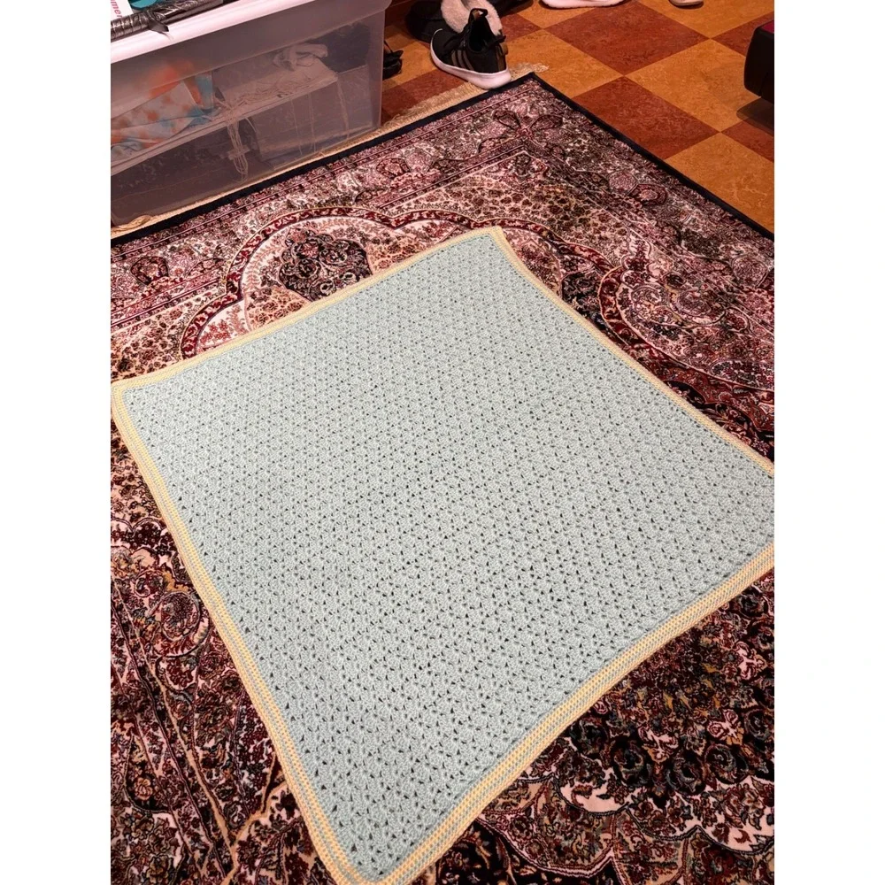 Pastel Green Crochet Baby Blanket with Yellow Trim
